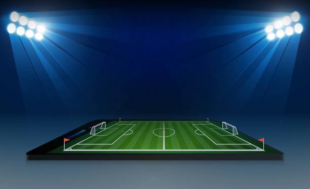 istock Phone on Football arena field with bright stadium lights vector design and information scoreboard. Vector illumination 1040417642