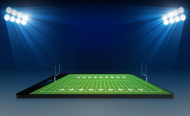 istock Phone on American football arena field with bright stadium lights design. Vector illumination 1040417686