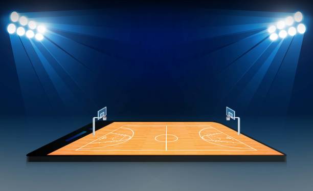 istock Phone on Basketball arena field with bright stadium lights design. Vector illumination 1040417714