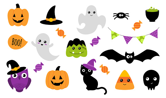 Halloween stickers. Set of cute Halloween stickers with different characters. Ghost, pumpkin, owl, cat, bat. Isolated on white. Vector illustration