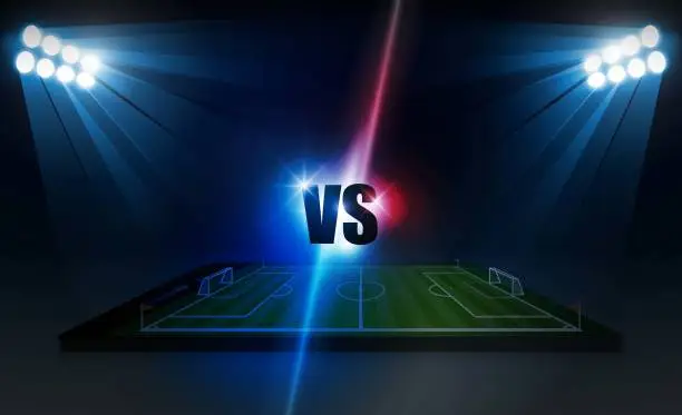 Vector illustration of Soccer Arena field with bright stadium lights. Logo Sport Football Academy club logo match vs strategy broadcast graphic template. Vector illumination