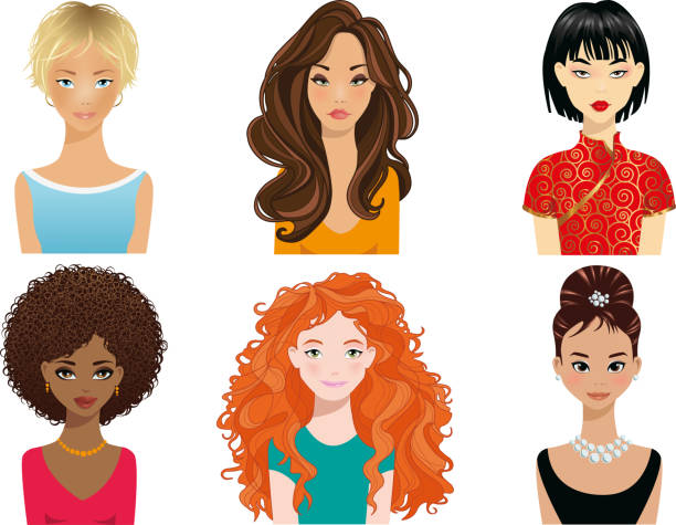 ilustraciones, imágenes clip art, dibujos animados e iconos de stock de peinado y corte de pelo - beauty beautiful brown hair black hair