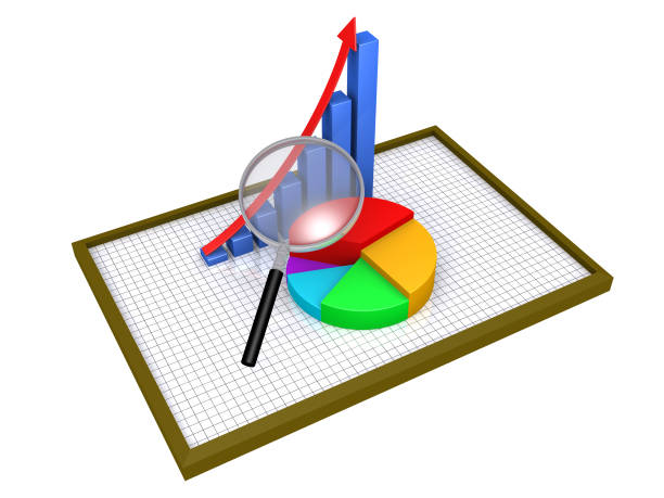 графические диаграммы на доске с сеткой и увеличитель - analyzing pie chart scrutiny sales occupation стоковые фото и изображения