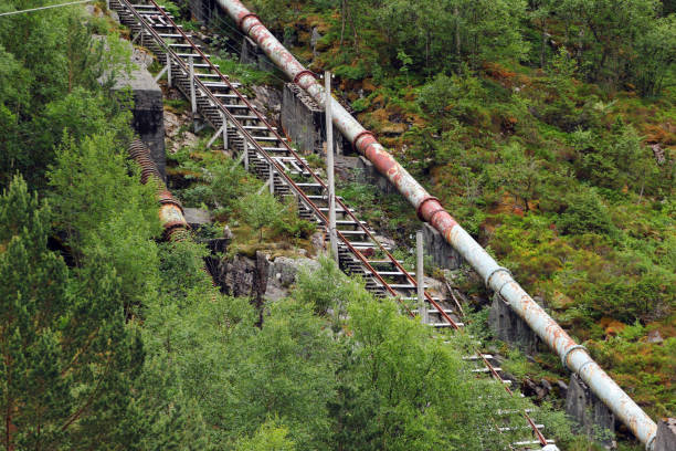 Florli Hydroelectric Power Station at Lysefjord, Norway Florli, Norway - June 12, 2018: Old Florli Hydroelectric Power Station at Lysefjord, built in 1918. It has two water penstocks with a cabled railway and a wooden stairway with 4444 steps. lysefjorden stock pictures, royalty-free photos & images