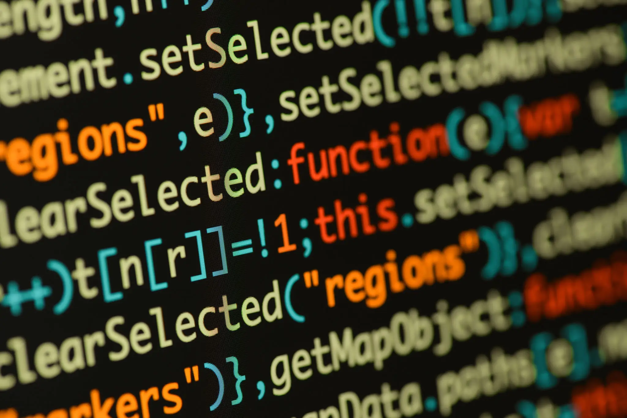 컴퓨터와 고랭과 함수: 효율적인 코딩 방법 2 Real Java Script code developing screen. Programing workflow abstract algorithm concept. Closeup of Java Script and HTML code.