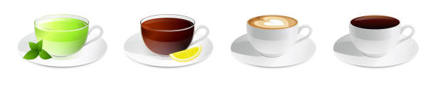 흰색 바탕에 절연 컵 벡터 세트에 음료 - black tea dishware plate cup stock illustrations