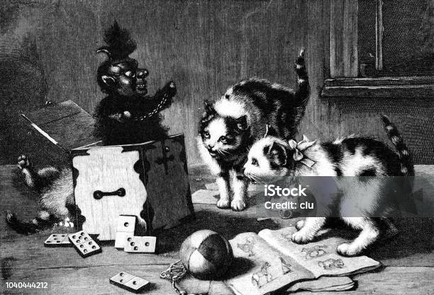 Two Cats Wonder About A Jumping Up Dark Doll Stock Illustration - Download Image Now - Dice, History, 1890-1899
