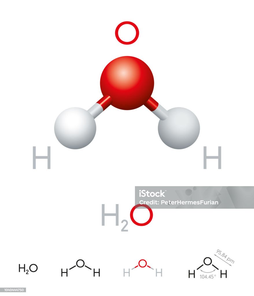 H2O Modello molecola d'acqua e formula chimica - arte vettoriale royalty-free di Acqua