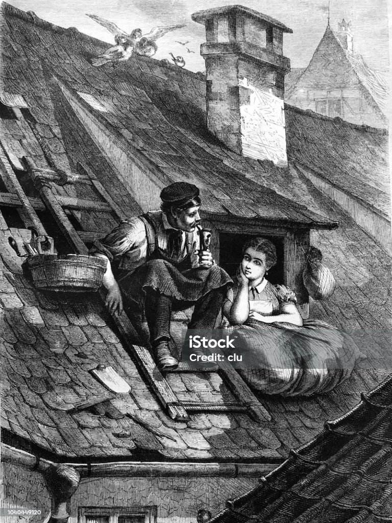 Roofer on the roof talks to a woman in the gable window Illustration from 19th century Roofer stock illustration