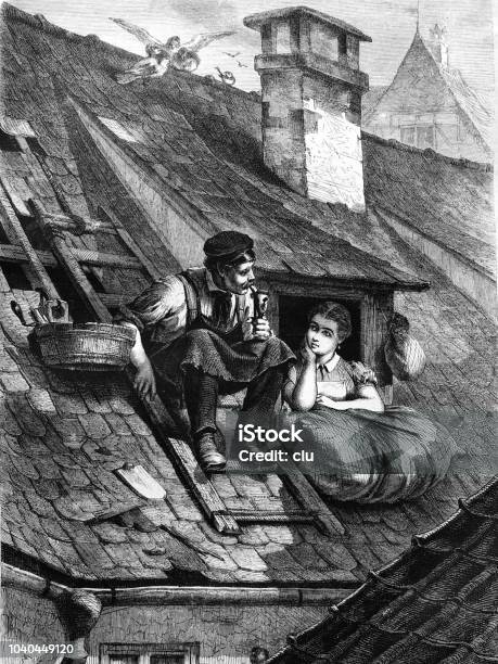 Roofer On The Roof Talks To A Woman In The Gable Window Stock Illustration - Download Image Now