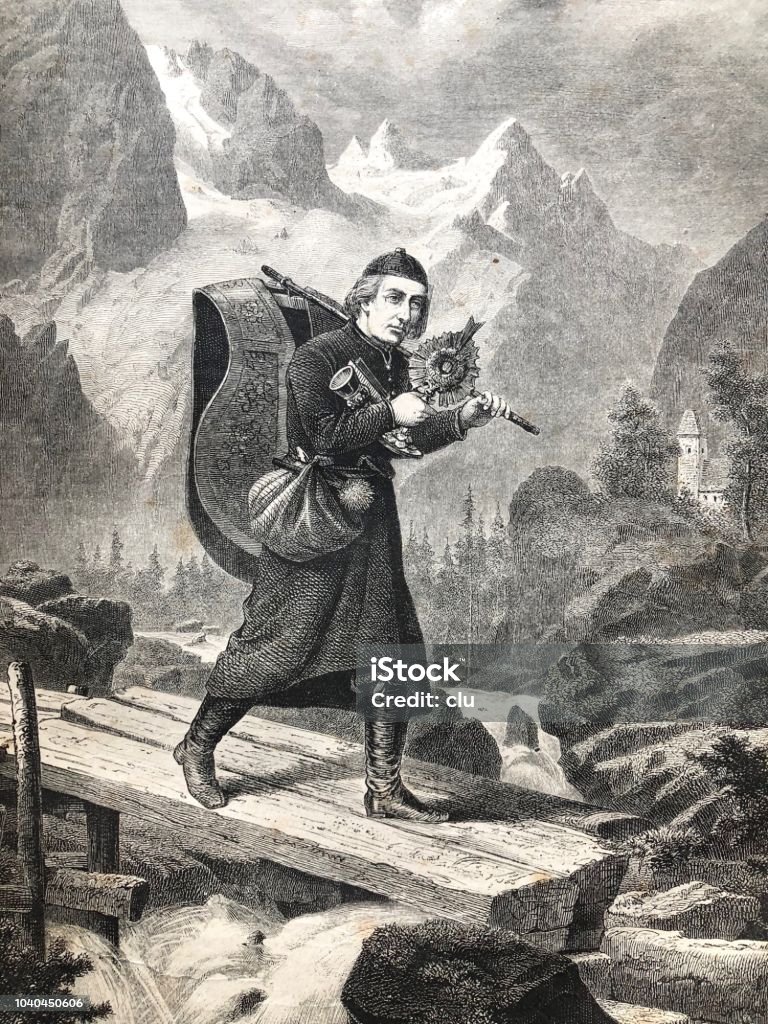 Poetry and reality in the mountains Illustration from 19th century 1870-1879 stock illustration