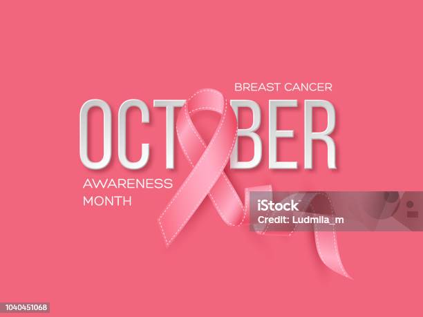 Breast Cancer Awareness Month Background Realistic Pink Ribbon With 3d Text Vector Illustration Stock Illustration - Download Image Now