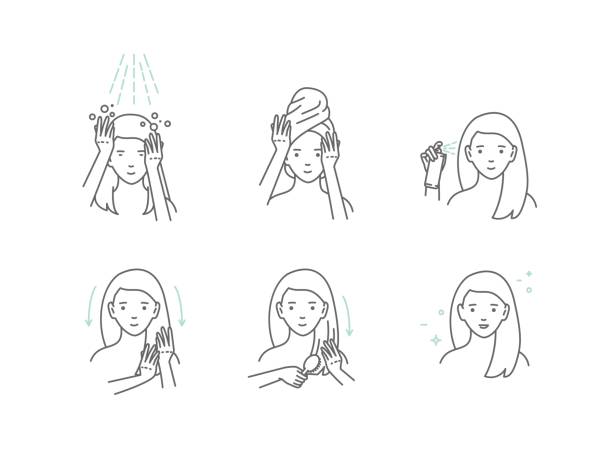 ilustraciones, imágenes clip art, dibujos animados e iconos de stock de chica de moda belleza aplicar mascarilla de pelo. ilustración de vector de estilo de línea. aislado sobre fondo blanco. - shower gel