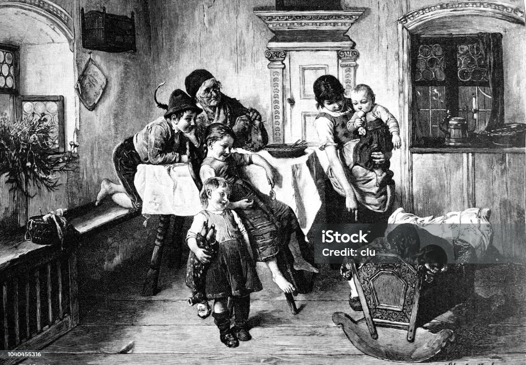 Family in the parlour surprised by the dog lying in the baby cradle Illustration from 19th century 1890-1899 stock illustration