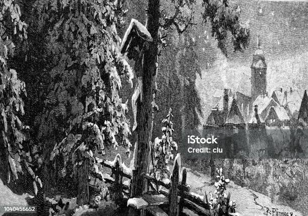 Crucifix In The Forest Wintertime Stock Illustration - Download Image Now - Engraved Image, Engraving, Village