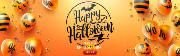 Vector illustration of Halloween Sale Promotion Poster with Halloween candy and Halloween Ghost Balloons on Orange background.Scary air balloons.Website spooky or banner  template.Vector illustration EPS10