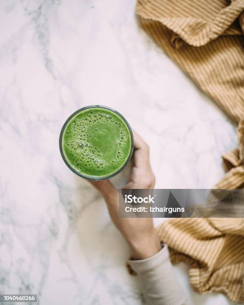 Spinach Smoothie On Marble Background Stock Photo - Download Image Now - Smoothie, Green Color, Juice - Drink