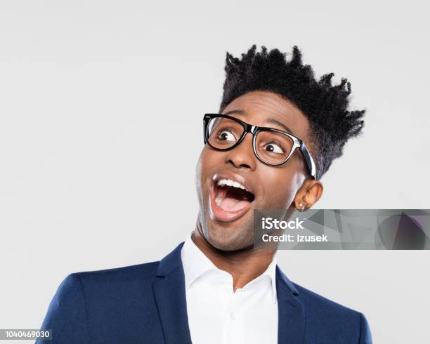 Surprised Afro American Young Businessman Stock Photo - Download Image Now - Awe, Human Face, Men