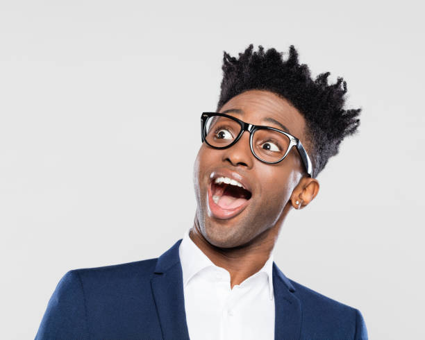 surprised afro american young businessman - human face close up horizontal ideas imagens e fotografias de stock