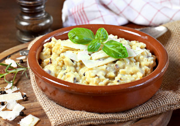 pyszne danie risotto w brązowej misce - parmesan cheese risotto rice basil zdjęcia i obrazy z banku zdjęć