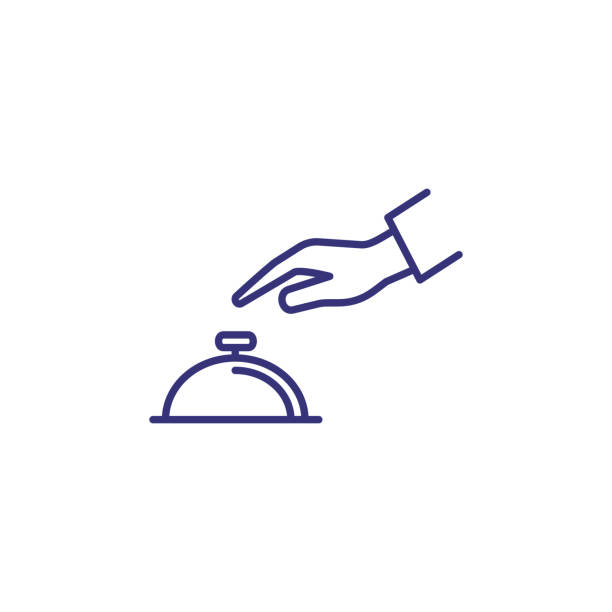 Hand touching bell service line icon Hand touching bell service line icon. Reception, hotel, guest. Restaurant concept. Vector illustration can be used for topics like service, help, travel hotel occupation concierge bell service stock illustrations