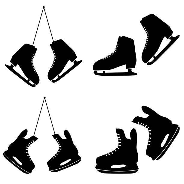 ilustraciones, imágenes clip art, dibujos animados e iconos de stock de icono de patines de hielo, silueta sobre fondo blanco - ice hockey silhouette celebration ice skating