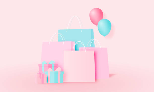 istock Shopping bag and present box in paper art style and pastel scheme 1040500728