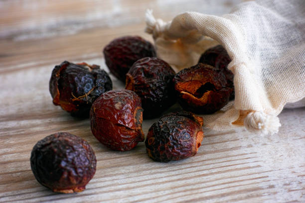 istock Soap nuts spilling from bag on wooden background. 1040504178