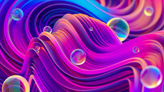 Fluid iridescent holographic background. Glowing waves with shiny spheres. Ultraviolet curves. 3D rendering.