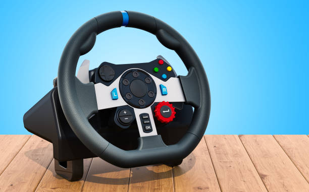istock Gaming steering wheel on the wooden table. 3D rendering 1040514608