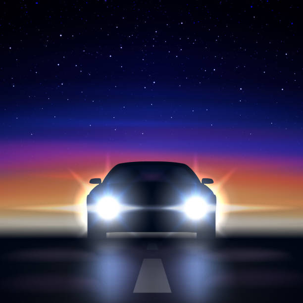 istock Night car with headlights against the background of a colorful starry sky, approaching along a dark road, the silhouette of a car with bright xenon and led headlights, vector illustration 1040514822