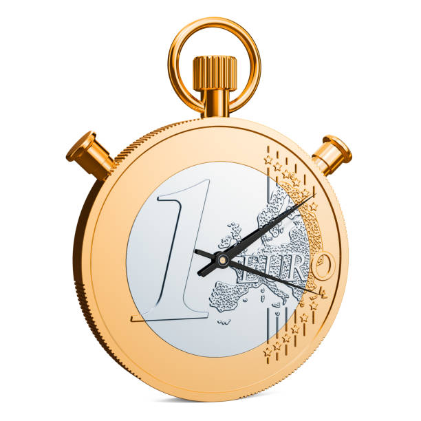 cronometro euro moneta, rendering 3d isolato su sfondo bianco - making money gold euro symbol time foto e immagini stock