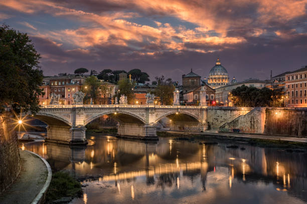 Rome Tiber & St. Peters Basilica, Vatican, Italy. stock photo