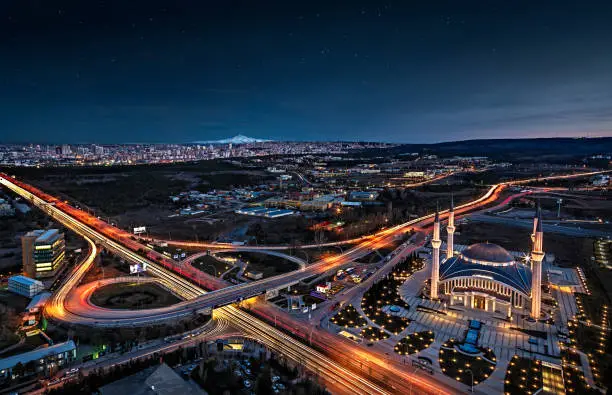 Ahmet Hamdi Akseki Mosque in Ankara Turkey, taken from rooftop of TOBB Twin Towers.