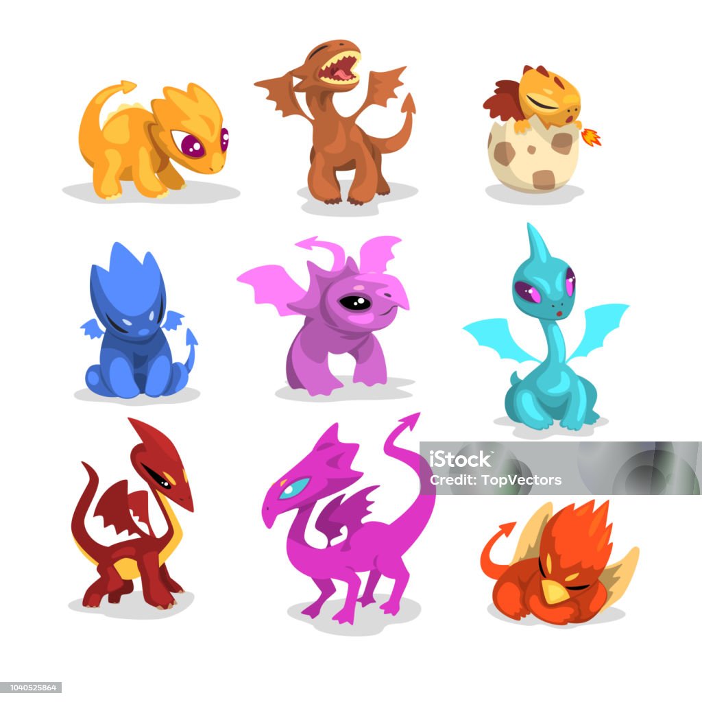 Set Of Colorful Dragons In Flat Style Cartoon Characters Of Mythical  Monsters Vector For Mobile Game Children Book Or Tshirt Print Stock  Illustration - Download Image Now - iStock