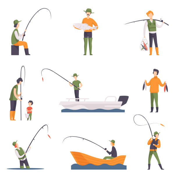 ilustraciones, imágenes clip art, dibujos animados e iconos de stock de conjunto de vector plano del pueblo de pesca con peces y equipo. pescadores en barcos con cañas de pescar. actividad al aire libre - aparejo de pesca ilustraciones