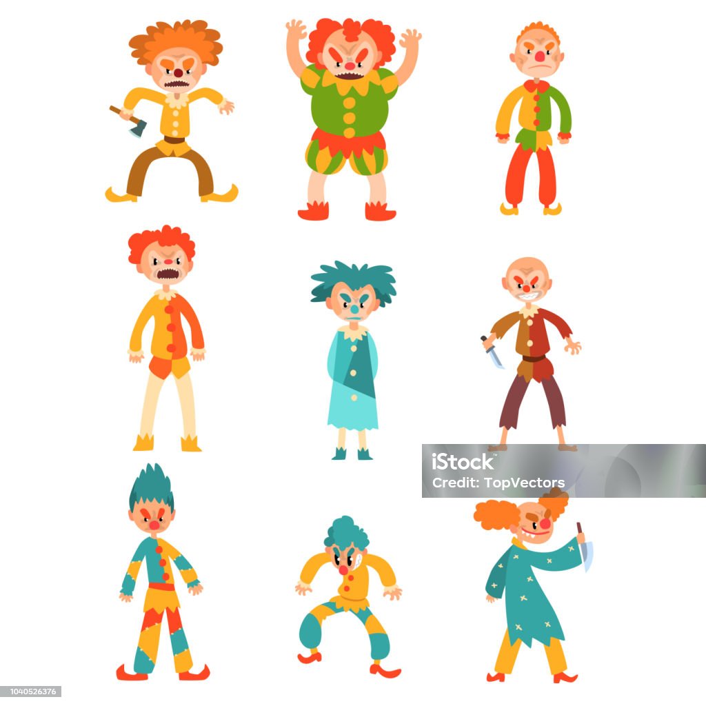 Ilustración de Vector Plano Conjunto De Payasos Malvados Miedo Hombres En Trajes Coloridos Y Arma En Las Manos Personajes De Dibujos Animados Con El Maquillaje De La Cara Y Pelo Loco y Ilustración de Vector Plano Conjunto De Payasos Malvados Miedo Hombres En Trajes Coloridos Y Arma En Las Manos Personajes De Dibujos Animados Con El Maquillaje De La Cara Y Pelo Loco y