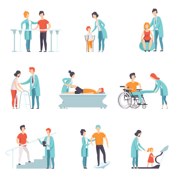 flache vektor setzen menschen auf rehabilitation. physiotherapie-klinik. ärzte arbeiten mit patienten. gesundheitsversorgung und behandlung - physical therapy illustrations stock-grafiken, -clipart, -cartoons und -symbole