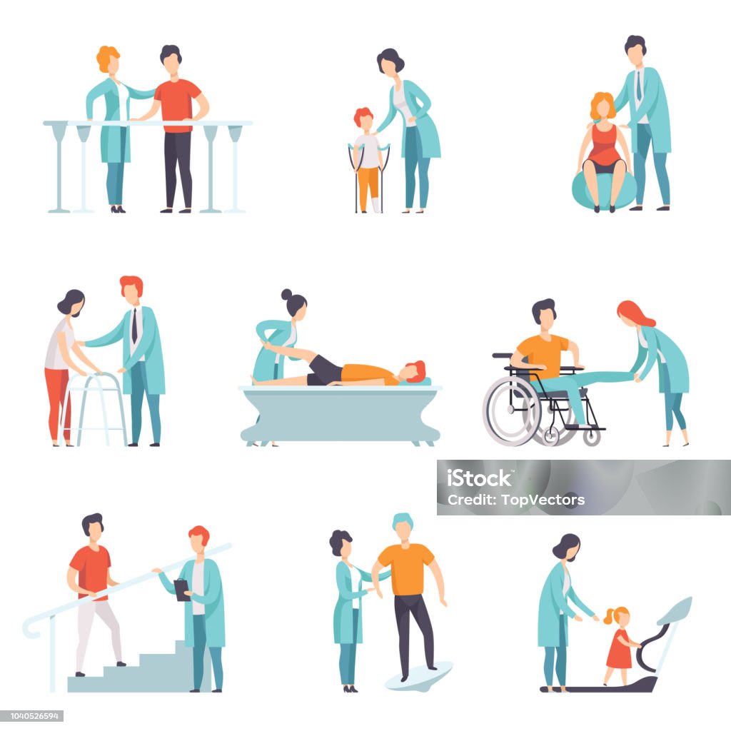 Ilustración de Vector Plano Conjunto De Personas En Rehabilitación Clínica  De Fisioterapia Médicos Que Trabajan Con Los Pacientes Cuidado De La Salud  Y El Tratamiento y más Vectores Libres de Derechos de
