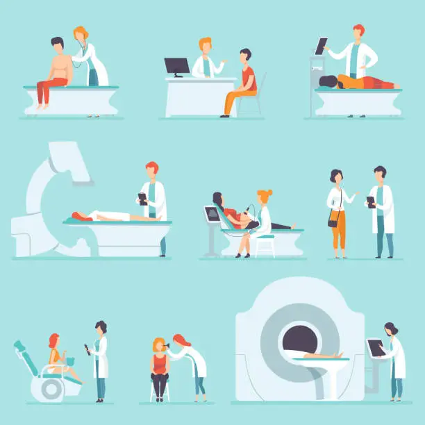 Vector illustration of Flat vector set of people on medical check-up at hospital. Doctors examining their patient's. Treatment and healthcare theme