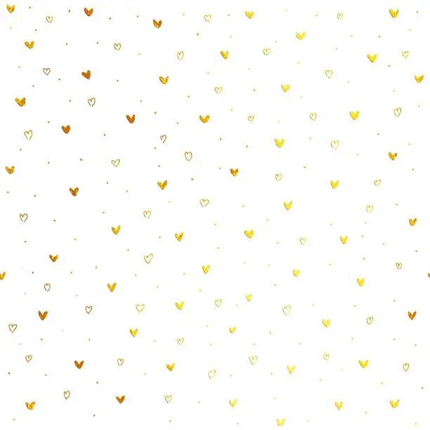 Vector illustration of Tiny hand drawn uneven gold heart shapes on white paper background - seamless luxury and minimalistic love card design in vector