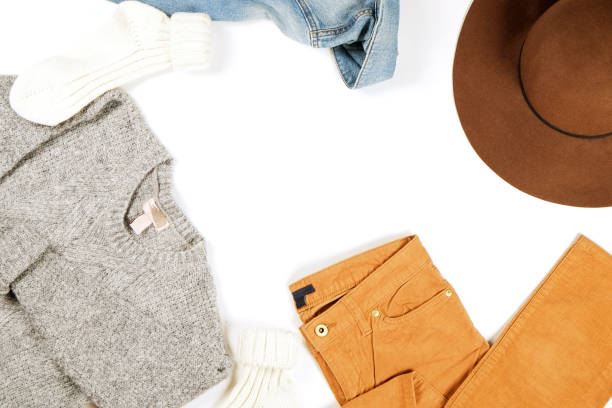 Women's clothing set variations for fall season with warm garment items.