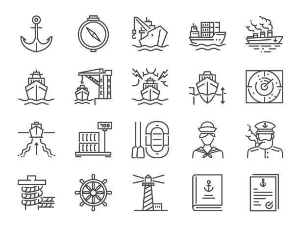 illustrazioni stock, clip art, cartoni animati e icone di tendenza di set di icone della porta marina. icone incluse come servizi di trasporto marittimo, nave, spedizione, carico, container e altro ancora. - marina porto marittimo immagine