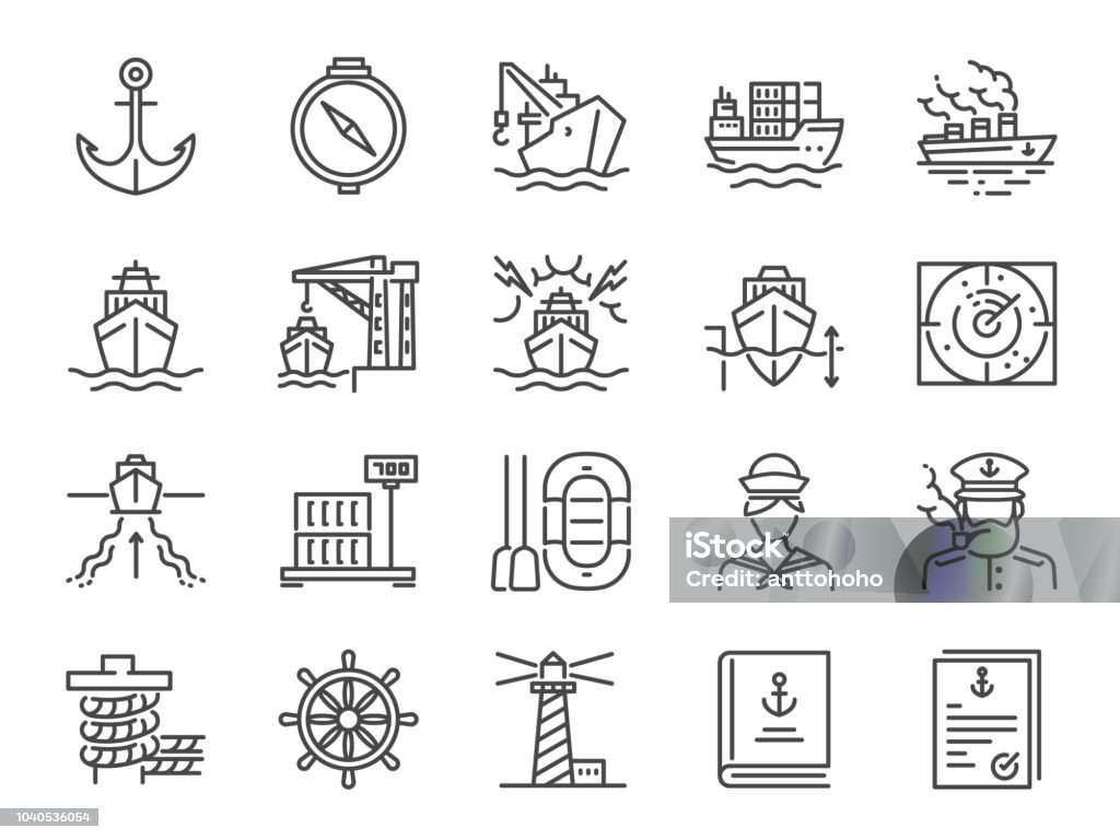 Marine port icon set. Included icons as sea freight services, ship, Shipping, cargo, container and more. Icon Symbol stock vector