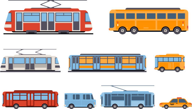 общественный городской транспорт набор, такси, автобус, метро, трамвай вектор иллюстрации на белом фоне - motor coach stock illustrations