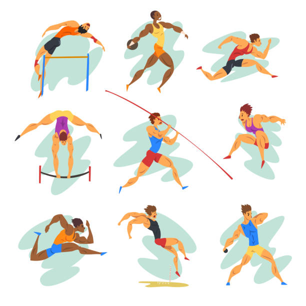 ilustrações, clipart, desenhos animados e ícones de conjunto de vetor plana de atletas profissionais em ações diferentes. jovens musculares no sportswear. pessoas ativas. esportes olímpicos - sport the olympic games athlete competition