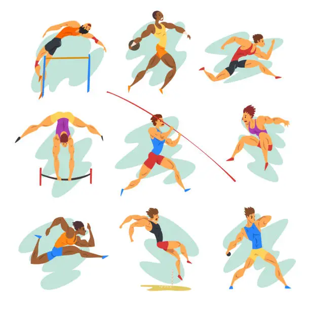 Vector illustration of Flat vector set of professional athletes in different actions. Young muscular guys in sportswear. Active people. Olympic sports