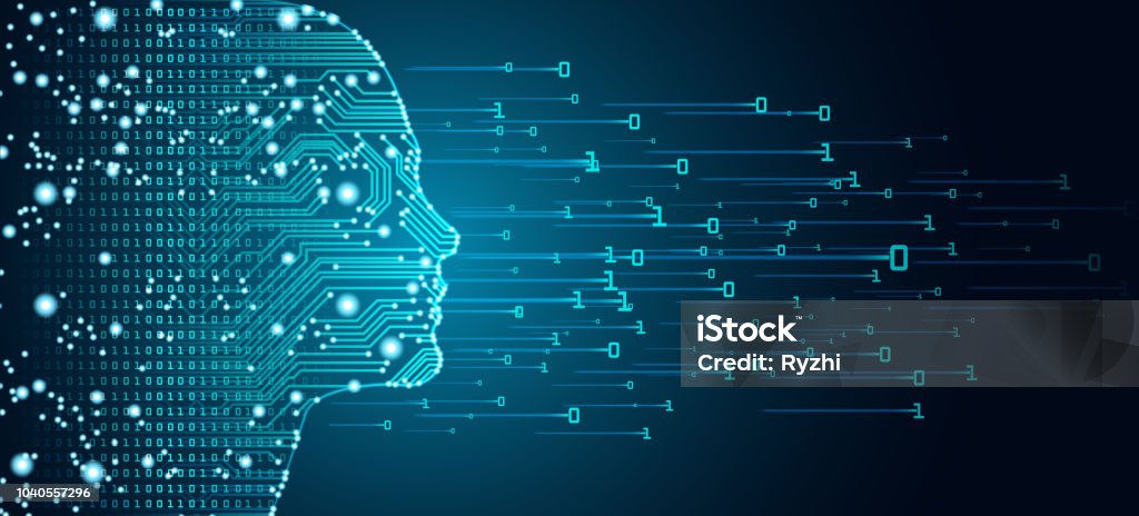 Big data and artificial intelligence concept. Big data and artificial intelligence concept. Machine learning and cyber mind domination concept in form of women face outline outline with circuit board and binary data flow on blue background. Artificial Intelligence stock vector