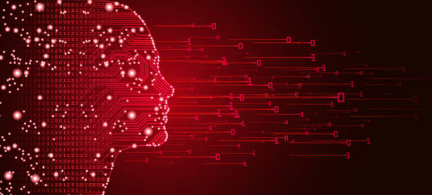 Big data and artificial intelligence concept. Big data and artificial intelligence concept. Machine learning and cyber mind domination concept in form of women face outline outline with circuit board and binary data flow on red background. milliliter stock illustrations