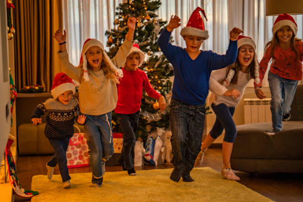 Group of children playing and waiting Santa